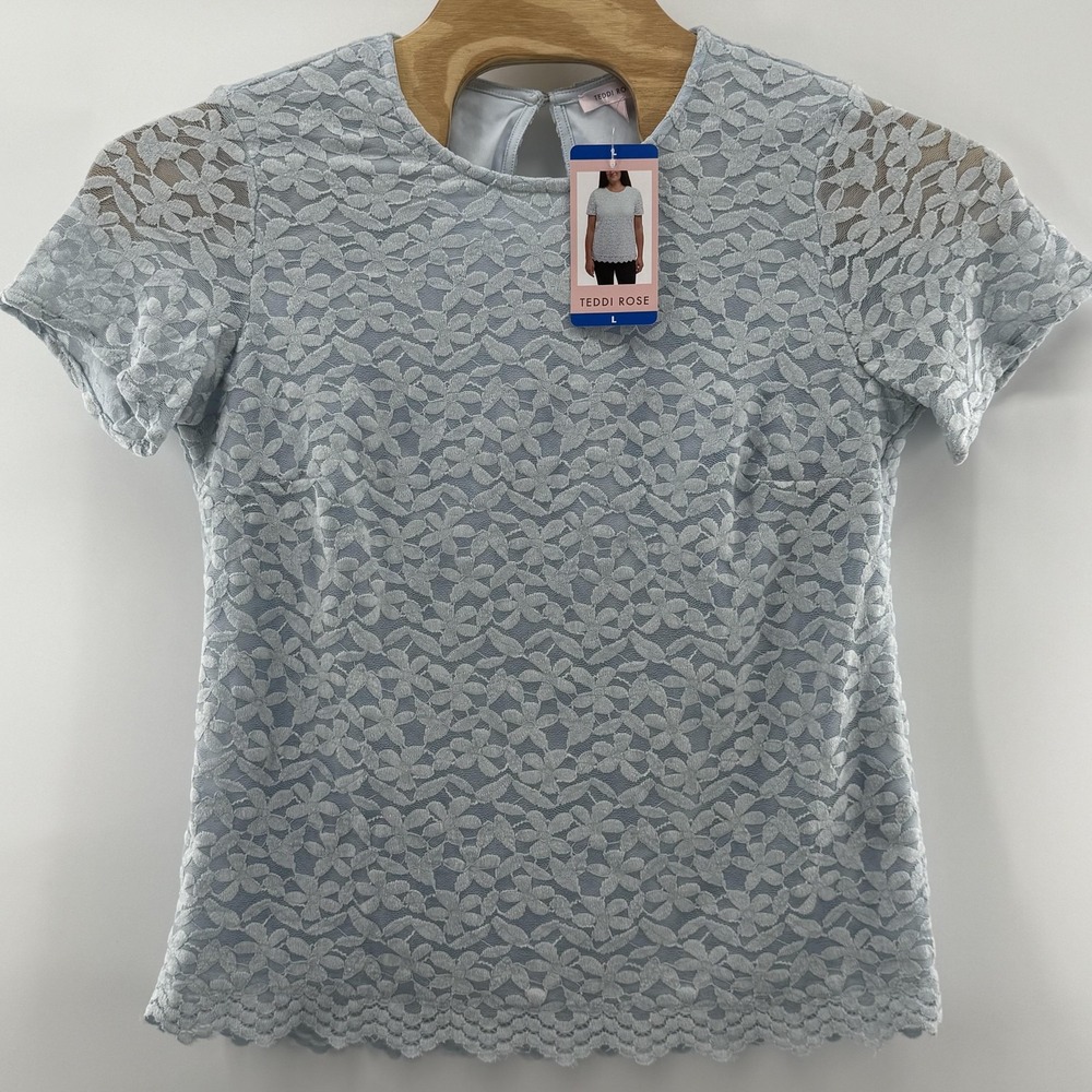 Teddi Rose Top Womens Large Light Blue Lace Floral Short Sleeve Blouse Scallop